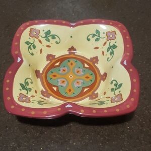 Partylite Bohemian Spice Pillar Footed Bowl. Red and Cream Ceramic Bowl.